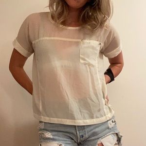 Semi-sheer Cream Top with Cuffed Sleeve and Pocket